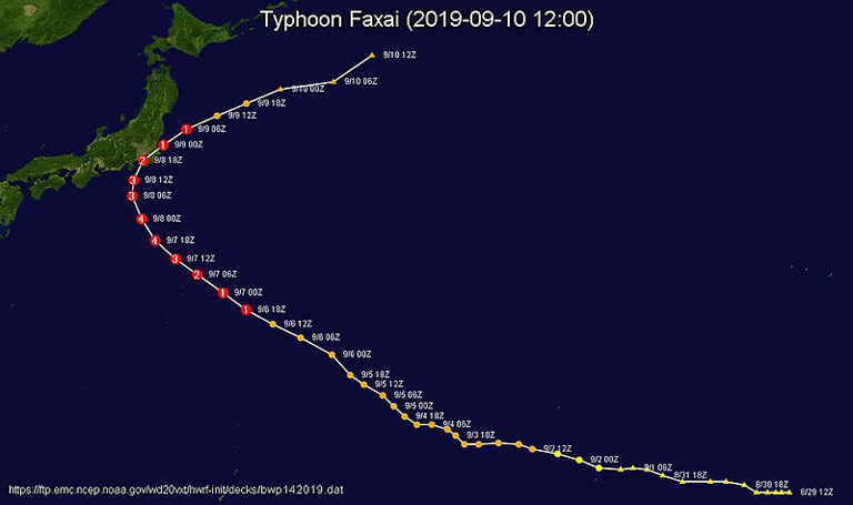 2019年の台風15号(令和元年房総半島台風)の進路